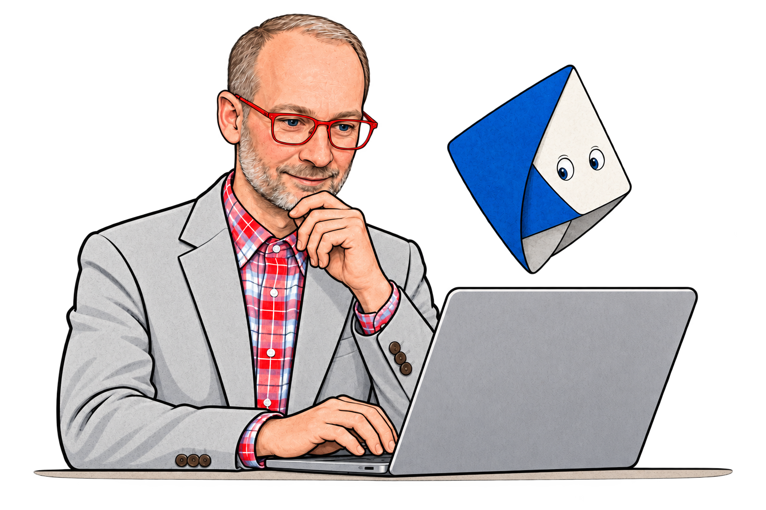 Illustrated Mario at a laptop, with Aik floating beside him.